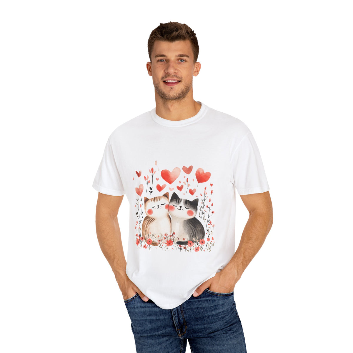 Cute Cat Love Unisex Garment-Dyed T-Shirt - Valentine’s Day Gift, Positive Affirmation Design